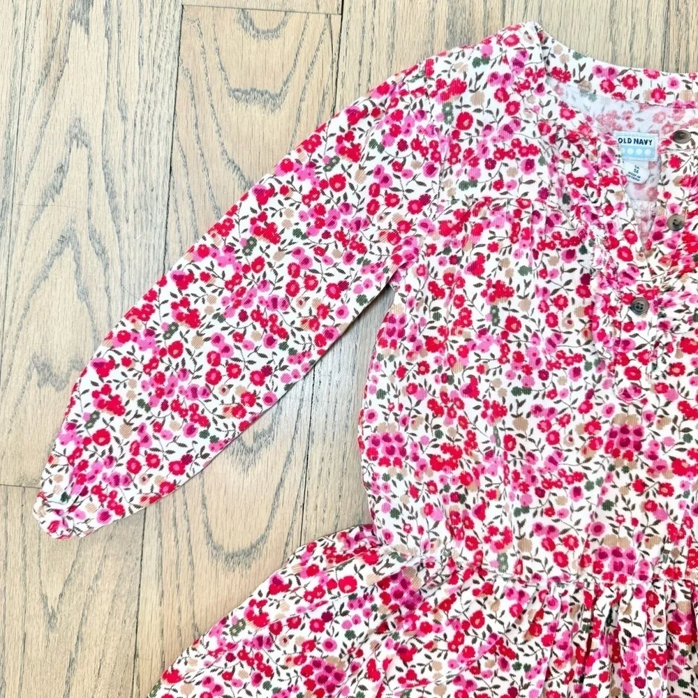 Old Navy Girls Corduroy Floral Red, Pink and White Dress with Ruffled Chest 5T